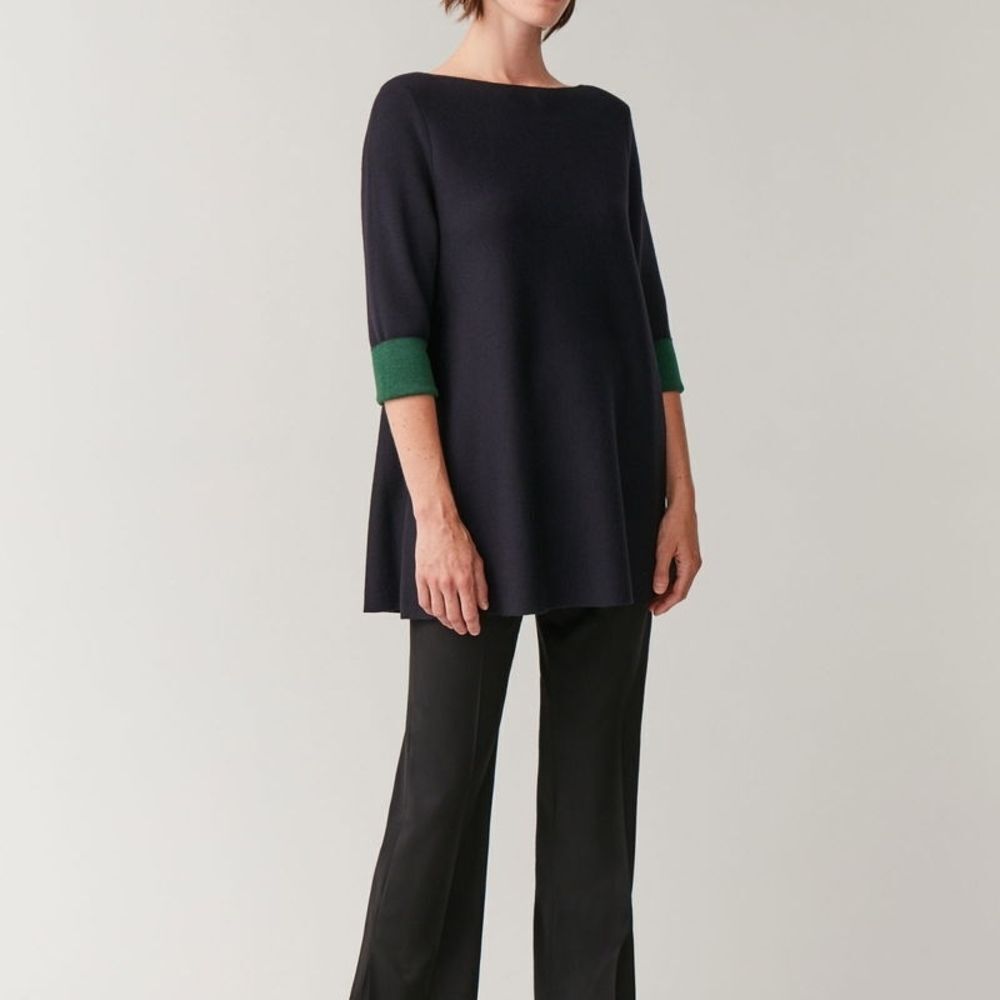 COS Navy Blue Double Face Wool Knit Boat Neck Tunic Top